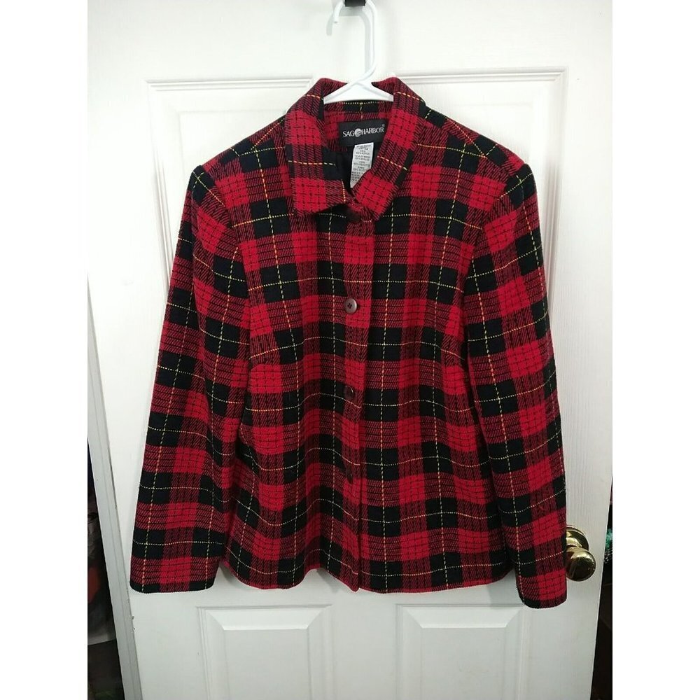 SAG Harbor Collared Front Button Red Plaid Jacket Size 14